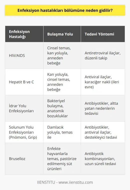 Enfeksiyon Hastalıkları Bölümüne Neden Gidilir?  Enfeksiyon hastalıkları bölümü, virüs, bakteri ve parazit gibi mikroorganizmaların neden olduğu hastalıkların teşhis, takip ve tedavisi için ziyaret edilir. Bu alanda görev yapan enfeksiyon uzmanları ve diğer tıbbi sağlık çalışanları, 21. yüzyılın bilimsel bilgileri ışığında tanı ve tedavi süreçlerini yönetirler. İkinci basamak sağlık hizmetlerinde ise, HIV, AIDS, cinsel yolla bulaşan hastalıklar, sarılık (hepatitler), bruselloz, tifo, ateşli hastalıklar, idrar yolu enfeksiyonları, grip, ishaller ve solunum yolu enfeksiyonları gibi birçok hastalığın tedavisi gerçekleştirilir.  Enfeksiyon Uzmanı ve Enfeksiyon Hastalıkları Biriminin Görevleri  Enfeksiyon uzmanı ve enfeksiyon hastalıkları birimi, hastanede meydana gelebilecek enfeksiyonların kontrolü ve bu enfeksiyonları en aza indirebilmek adına gerekli çalışmaları yaparak hastaların güvenliğini sağlar. Ayrıca, hasta ve hasta yakınlarına bu konuda eğitimler verilerek enfeksiyonların oluşma riskinin azaltılması amaçlanır.  Enfeksiyon Uzmanlığı ve Maaşlar  Enfeksiyon uzmanlarının maaşları, çalıştıkları kuruma göre değişiklik göstermektedir. Kamu hastanelerinde ve özel hastanelerde çalışan enfeksiyon uzmanlarının maaşları arasında farklılıklar bulunmaktadır. Bu sebeple, enfeksiyon uzmanlığı mesleği tercih eden kişiler, seçtikleri çalışma olanaklarına göre maaş ve diğer fırsatlar konusunda değerlendirmeler yapmalıdır.  Sonuç olarak, enfeksiyon hastalıkları bölümü ve enfeksiyon uzmanları, önemli hastalık grupları olan enfeksiyon hastalıklarının tanı ve tedavi süreçlerinde önemli bir rol oynarlar. Enfeksiyon bölümüne başvuran hastalar, alanında uzman hekimler ve tıbbi sağlık çalışanları tarafından desteklenerek enfeksiyonlarla mücadele etme imkanına sahip olurlar. Enfeksiyon uzmanlarının görev ve sorumluluklarının yanı sıra, çalıştıkları kuruma göre maaş ve diğer olanaklar konusunda da farklılıklar mevcuttur. Bu sebeple, bu alanda kariyer hedefleyen kişilerin bu faktörleri göz önünde bulundurmaları önemlidir.
