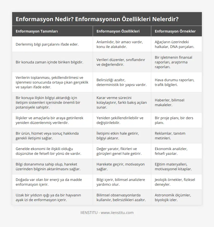 Derlenmiş bilgi parçalarını ifade eder, Anlamlıdır, bir amacı vardır, konu ile alakalıdır, Ağaçların üzerindeki halkalar, DNA parçaları, Bir konuda zaman içinde biriken bilgidir, Verileri düzenler, sınıflandırır ve değerlendirir, Bir işletmenin finansal raporları, araştırma raporları, Verilerin toplanması, şekillendirilmesi ve işlenmesi sonucunda ortaya çıkan gerçeklik ve sayıları ifade eder, Belirsizliği azaltır, deterministik bir yapısı vardır, Hava durumu raporları, trafik bilgileri, Bir konuya ilişkin bilgiyi aktardığı için iletişim sistemleri içerisinde önemli bir potansiyele sahiptir, Karar verme sürecini kolaylaştırır, farklı bakış açıları sunar, Haberler, bilimsel makaleler, İlişkiler ve amaçlarla bir araya getirilerek yeniden düzenlenmiş verilerdir, Yeniden şekillendirilebilir ve değiştirilebilir, Bir proje planı, bir ders planı, Bir ürün, hizmet veya sonuç hakkında gerekli iletişimi sağlar, İletişimi etkin hale getirir, bilgiyi aktarır, Reklamlar, tanıtım metinleri, Genelde ekonomi ile ilişkili olduğu düşünülse de felsefi bir yönü de vardır, Değer yaratır, fikirleri ve görüşleri genel hale getirir, Ekonomik analizler, felsefi yazılar, Bilgi donanımına sahip olup, hareket üzerinden bilginin aktarılmasını sağlar, Harekete geçirir, motivasyon sağlar, Eğitim materyalleri, motivasyonel kitaplar, Doğada var olan bir enerji ya da madde enformasyon içerir, Bilgi içerir, bilimsel analizlere yardımcı olur, Jeolojik örnekler, fiziksel deneyler, Uzak bir yıldızın ışığı ya da bir hayvanın ayak izi de enformasyon içerir, Bilimsel observasyonlarda kullanılır, belirsizlikleri azaltır, Astronomik ölçümler, biyolojik izler