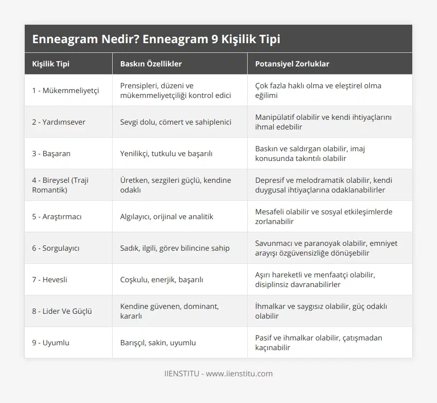 1 - Mükemmeliyetçi, Prensipleri, düzeni ve mükemmeliyetçiliği kontrol edici, Çok fazla haklı olma ve eleştirel olma eğilimi, 2 - Yardımsever, Sevgi dolu, cömert ve sahiplenici, Manipülatif olabilir ve kendi ihtiyaçlarını ihmal edebilir, 3 - Başaran, Yenilikçi, tutkulu ve başarılı, Baskın ve saldırgan olabilir, imaj konusunda takıntılı olabilir, 4 - Bireysel (Traji Romantik), Üretken, sezgileri güçlü, kendine odaklı, Depresif ve melodramatik olabilir, kendi duygusal ihtiyaçlarına odaklanabilirler, 5 - Araştırmacı, Algılayıcı, orijinal ve analitik, Mesafeli olabilir ve sosyal etkileşimlerde zorlanabilir, 6 - Sorgulayıcı, Sadık, ilgili, görev bilincine sahip, Savunmacı ve paranoyak olabilir, emniyet arayışı özgüvensizliğe dönüşebilir, 7 - Hevesli, Coşkulu, enerjik, başarılı, Aşırı hareketli ve menfaatçi olabilir, disiplinsiz davranabilirler, 8 - Lider Ve Güçlü, Kendine güvenen, dominant, kararlı, İhmalkar ve saygısız olabilir, güç odaklı olabilir, 9 - Uyumlu, Barışçıl, sakin, uyumlu, Pasif ve ihmalkar olabilir, çatışmadan kaçınabilir