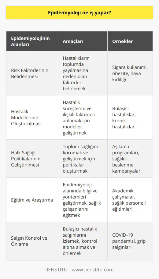 Epidemiyolojinin Temel Amaçları Epidemiyoloji, hastalıkların insan toplumlarında görülme sıklığı ve yayılımı ile ilgili faktörlerin incelenmesi, tanımlanması ve kontrol altına alınması için kullanılan bir bilim dalıdır. Bu alanda yapılan çalışmalar sayesinde, hastalıklardan korunma ve tedavi yöntemlerinin geliştirilmesine katkı sağlanır. Risk Faktörlerinin Belirlenmesi Epidemiyolojik çalışmalar, hastalıkların ve sağlık sorunlarının toplumda ne kadar yaygın olduğunu belirlemeye yöneliktir. Bu sayede, hastalıkların ortaya çıkmasına neden olan çevresel, genetik ve sosyal risk faktörleri belirlenerek, hastalığın yayılımını önleyici önlemler geliştirilmeye çalışılır. Hastalık Modellerinin Oluşturulması Epidemiyoloji uzmanları, elde ettikleri verilerle hastalık modelleri oluşturarak, hastalık süreçlerini ve bu süreçlerle ilişkili faktörleri anlamaya çalışırlar. Oluşturulan bu modeller, hastalıklardan korunma ve tedavi planlaması için önemli bir rol oynarlar. Halk Sağlığı Politikalarının Geliştirilmesi Epidemiyoloji çalışmaları, halk sağlığı politikalarının geliştirilmesinde ve karar vericilere doğru bilgiler sunarak, toplum sağlığının korunması ve geliştirilmesi için önemlidir. Özellikle devletler ve uluslararası sağlık örgütleri, epidemiyolojik verilere dayalı politikalar sayesinde, sağlık alanında doğru adımlar atabilirler. Eğitim ve Araştırma Epidemiyoloji alanında yapılan akademik çalışmalar, hem bu alandaki bilgilerin ve yöntemlerin geliştirilmesine katkı sağlar, hem de sağlık çalışanlarına bu konuda eğitim vermek için kullanılır. Bu sayede, sağlık hizmetlerinin sürekli iyileştirilmesi ve toplum sağlığının korunması hedeflenir. Sonuç olarak, epidemiyoloji; hastalıkları ve sağlık sorunlarını inceleyerek, insanların yaşam kalitesini artırmak ve toplum sağlığını korumak amacıyla önemli bir rol üstlenir. Bu bilim dalı sayesinde, hastalıkların sebepleri, yayılımı ve önlenebilirliği hakkında bilgi sahibi olunarak, etkili stratejiler geliştirilir.
