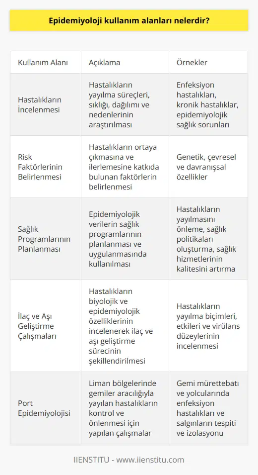 Epidemiyoloji Kullanım Alanları Hastalıkların İncelenmesi Epidemiyoloji, halk sağlığını korumak ve geliştirmek amacıyla hastalıkların yayılma süreçlerini, sıklığını, dağılımını ve insanlarda meydana gelen sağlık olaylarının nedenlerini inceleyen bilim dalıdır. Bu kapsamda tüm enfeksiyon hastalıkları, kronik hastalıklar ve toplumda yaygın olarak görülen epidemiyolojik sağlık sorunlarının incelenmesi epidemiyolojinin kullanım alanına girmektedir. Risk Faktörlerinin Belirlenmesi Epidemiyoloji çalışmaları, hastalıkların ortaya çıkmasına ve ilerlemesine katkıda bulunan risk faktörlerini belirlemek için kullanılır. Bu faktörler genetik, çevresel ve davranışsal özellikler olabilir. Belirlenen risk faktörleri sayesinde hastalıklardan korunma ve tedavi stratejileri geliştirilir. Sağlık Programlarının Planlanması Epidemiyolojik veriler, özellikle salgın veya önceden belirlenmiş ölçütlerin söz konusu olduğu durumlarda, sağlık programlarının planlanması ve uygulamasında önemli bir rol oynar. Bu programlar, hastalıkların yayılmasını önlemeye, sağlık politikalarını oluşturmaya ve sağlık hizmetlerinin kalitesini artırmaya yöneliktir. İlaç ve Aşı Geliştirme Çalışmaları Epidemiyoloji, aynı zamanda ilaç ve aşı geliştirme çalışmalarında da kullanılır. İlgili çalışmalarda hastalıkların yayılma biçimleri, etkileri ve virülans (hastalık yapabilen mikroorganizma) düzeyleri üzerinde durulur. Böylece hastalıkların biyolojik ve epidemiyolojik özellikleri incelenerek ilaç ve aşı geliştirme süreci şekillendirilir. Port Epidemiyolojisi Epidemiyoloji kullanım alanlarının bir diğer önemli yönü ise liman bölgelerinde yapılan port epidemiyoloji çalışmalarıdır. Bu çalışmalar, gemiler aracılığıyla yayılan hastalıkların kontrol ve önlenmesi amacıyla yapılmaktadır. Gemi mürettebatında ve yolcularında enfeksiyon hastalıkları ve salgınların tespiti ve izolasyonu bu alanda yapılan araştırmalarla gerçekleştirilir. Sonuç olarak, epidemiyolojinin kullanım alanları halk sağlığının korunması ve geliştirilmesi amacıyla oldukça geniş ve çeşitlidir. Hastalıkların incelenmesi, risk faktörlerinin belirlenmesi, sağlık programlarının planlanması, ilaç ve aşı geliştirme çalışmaları ve port epidemiyolojisi çalışmaları, epidemiyolojinin kullanım alanları arasında yer almaktadır.
