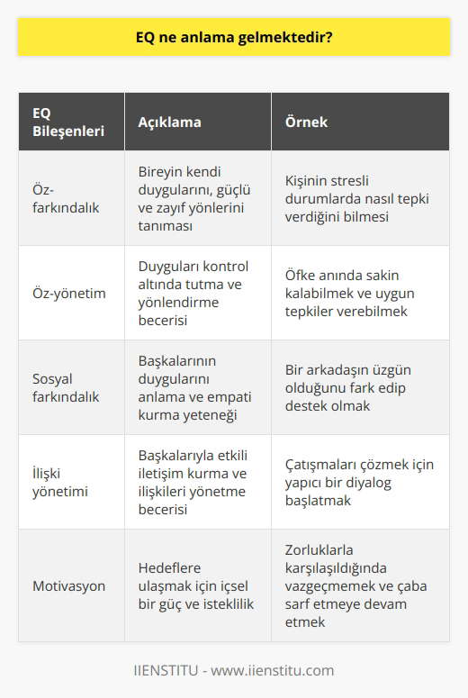 EQ “Emotional Quotient” bireylerin duygularını yorumlama, yönetme aynı zamanda kontrol altında tutma becerisini tanımlayan evrensel bir tanımdır. EQ sayesinde hareketlerimizi yönlendirebilir, olumlu sonuçlarla neticelenecek kararlar alabiliriz. EQ, mantıksal zekadan “IQ” farklı olarak birey davranışlarının temel elementlerini kullanır.