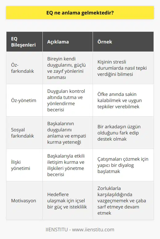 EQ “Emotional Quotient” bireylerin duygularını yorumlama, yönetme aynı zamanda kontrol altında tutma becerisini tanımlayan evrensel bir tanımdır. EQ sayesinde hareketlerimizi yönlendirebilir, olumlu sonuçlarla neticelenecek kararlar alabiliriz. EQ, mantıksal zekadan “IQ” farklı olarak birey davranışlarının temel elementlerini kullanır.