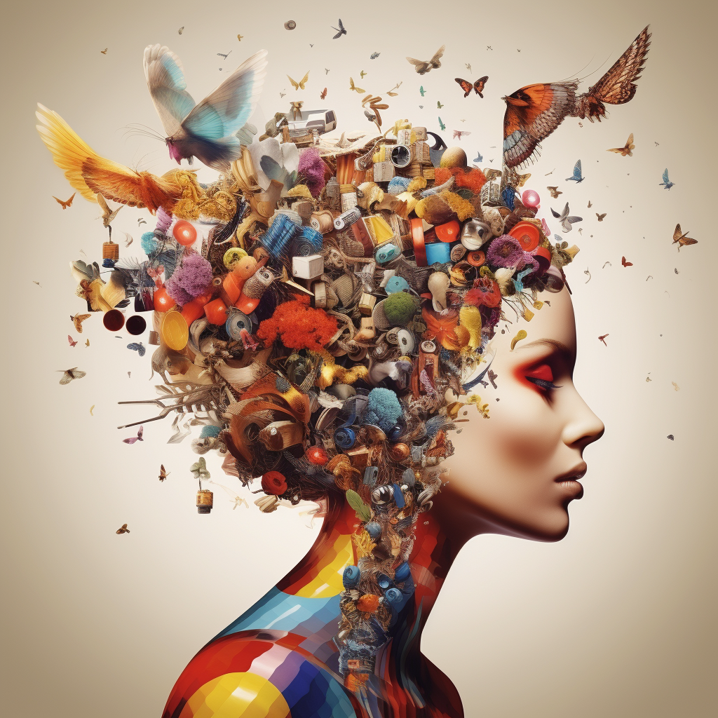 parlak renkli kuşlar, caras ionut, organik malzeme, organize kaos, sembolik otoportreler, böceklerden yapılmış, toprak renk paletleri tarzında, saçında bir sürü farklı hayvan olan bir bayanın soyut 3d soyut görüntüsü