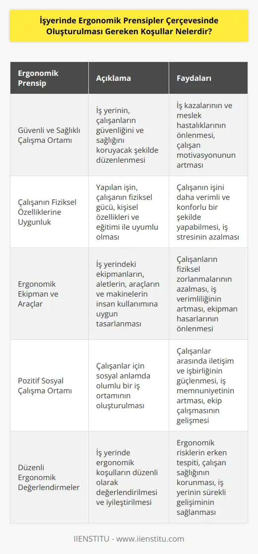 Çalışılacak iş yerinin güvenlik ve sağlık kurallarına uygun şekilde düzenlenmesi gerekir. Yapılan iş, çalışanın fiziksel gücüyle, kişisel özellikleri ve eğitimi uyumlu olmalıdır. Ayrıca çalışma ortamı içerisinde konuşlanmış ekipmanlar, alet, araç, eşya ve makineler insan kullanımına uygun bir tasarıma sahip olmalı ve çalışanlar için sosyal anlamda pozitif bir iş ortamı oluşturulmalıdır.