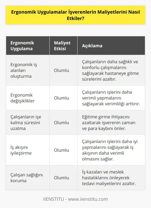 Ergonomik uygulamalar işverenlerin maliyetlerini olumlu yönde etkileyebilir. Ergonomik değişiklikler, çalışanların işlerini daha verimli yapmalarını sağlayarak verimliliği arttırabilir. Ergonomik iş alanlarının oluşturulması, çalışanların daha sağlıklı ve konforlu çalışmalarını sağlayarak işe gününün önemli bir bölümünü hastaneye gitmekten kurtarır. Aynı zamanda, çalışanların işlerini daha iyi yapmalarını sağlayarak, işverenin iş akışının daha verimli olmasını sağlayabilir. Ergonomik uygulamalar ayrıca, çalışanların daha uzun süre işe kalmasını ve eğitime girmesini sağlayarak işverenin zaman ve para kaybını azaltabilir.