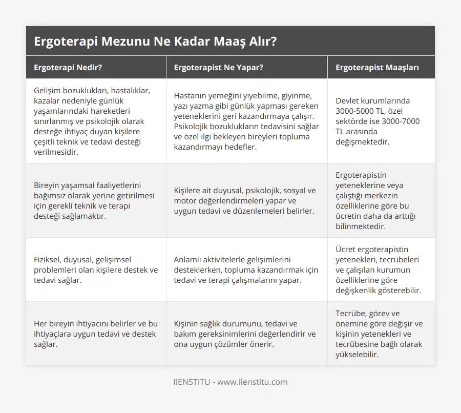 Gelişim bozuklukları, hastalıklar, kazalar nedeniyle günlük yaşamlarındaki hareketleri sınırlanmış ve psikolojik olarak desteğe ihtiyaç duyan kişilere çeşitli teknik ve tedavi desteği verilmesidir, Hastanın yemeğini yiyebilme, giyinme, yazı yazma gibi günlük yapması gereken yeteneklerini geri kazandırmaya çalışır Psikolojik bozuklukların tedavisini sağlar ve özel ilgi bekleyen bireyleri topluma kazandırmayı hedefler, Devlet kurumlarında 3000-5000 TL, özel sektörde ise 3000-7000 TL arasında değişmektedir, Bireyin yaşamsal faaliyetlerini bağımsız olarak yerine getirilmesi için gerekli teknik ve terapi desteği sağlamaktır, Kişilere ait duyusal, psikolojik, sosyal ve motor değerlendirmeleri yapar ve uygun tedavi ve düzenlemeleri belirler, Ergoterapistin yeteneklerine veya çalıştığı merkezin özelliklerine göre bu ücretin daha da arttığı bilinmektedir, Fiziksel, duyusal, gelişimsel problemleri olan kişilere destek ve tedavi sağlar, Anlamlı aktivitelerle gelişimlerini desteklerken, topluma kazandırmak için tedavi ve terapi çalışmalarını yapar, Ücret ergoterapistin yetenekleri, tecrübeleri ve çalışılan kurumun özelliklerine göre değişkenlik gösterebilir, Her bireyin ihtiyacını belirler ve bu ihtiyaçlara uygun tedavi ve destek sağlar, Kişinin sağlık durumunu, tedavi ve bakım gereksinimlerini değerlendirir ve ona uygun çözümler önerir, Tecrübe, görev ve önemine göre değişir ve kişinin yetenekleri ve tecrübesine bağlı olarak yükselebilir