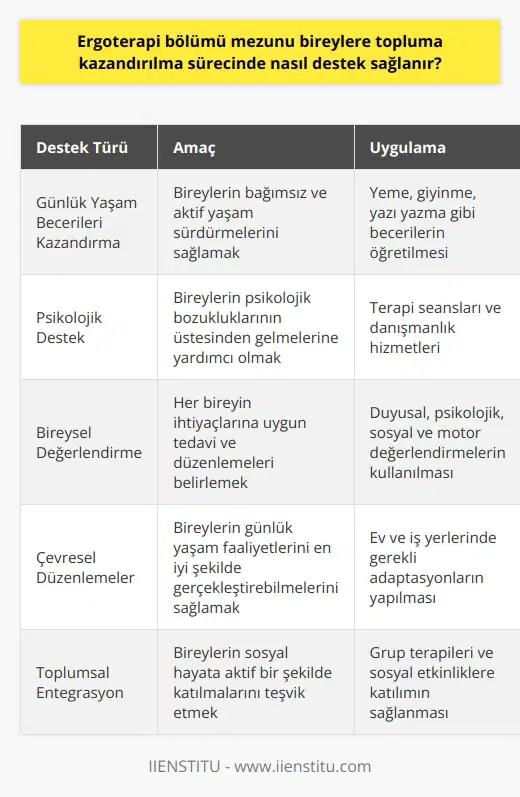 Ergoterapi mezunu bireylerin topluma kazandırılma sürecinde destek sağlama biçimi, pek çok faktörle bağlantılıdır. Öncelikle, bu süreçte en önemli basamak, bireylerin tedavi süreçlerini yönetme ve kontrol etme yeteneklerini geliştirmektir. Bu, bireyin kendi yaşamını aktif ve üretken bir şekilde sürdürebilmesi ve bağımsız hareket etmesi için çok önemlidir.   Ergoterapistlerin sunduğu destek, tekniğe dayalıdır ve bireylere günlük yaşam becerileri kazandırma esasına dayanır. Örneğin, bireylere yeme, giyinme, yazı yazma gibi yetenekleri geri kazanmanın yanı sıra psikolojik bozukluklarının da üstesinden gelmelerine yardımcı olur. Bu tür beceriler, bireylerin sosyal hayata aktif bir şekilde katılmalarını sağlar.  Ergoterapistler, bireylerin mevcut durumlarını değerlendirirken duyusal, psikolojik, sosyal ve motor değerlendirmeleri kullanır. Bu değerlendirmeler sonucunda bireyler için en uygun tedavi ve düzenlemeler belirlenir. Ayrıca, her bireyin ihtiyaçları ve durumu farklı olduğundan, bu tedavi ve düzenlemeler kişiye özel olarak uygulanır.   Ergoterapistler ayrıca, bağımsız yaşamı sürdürme hedefi doğrultusunda, bireylerin çevresel koşullarını da düzenler. Bu sayede bireyler, mevcut koşullarını en iyi şekilde kullanarak günlük yaşam faaliyetlerini gerçekleştirebilirler.   Sonuç olarak, ergoterapi bölümü mezunu bireylerin topluma kazandırılması, ergoterapistlerin uyguladığı teknik ve stratejilere ve bireylerin ihtiyaçlarına bağlıdır. Bu süreç, hem bireylerin bağımsızlık seviyelerini ve yaşam kalitelerini artırmada, hem de toplumun genel sağlığı ve refahı üzerinde olumlu etkiler yaratmada önemli bir rol oynar.