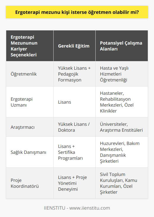 Ergoterapi mezunu yüksek lisans eğitimini tamamladıktan sonra isterse öğretmen olabilirler. Pedagojik formasyon aldıklarında öğretmenlik yapma imkanları vardır. Hasta ve yaşlı hizmetleri öğretmeni olarak görev yapabilirler.