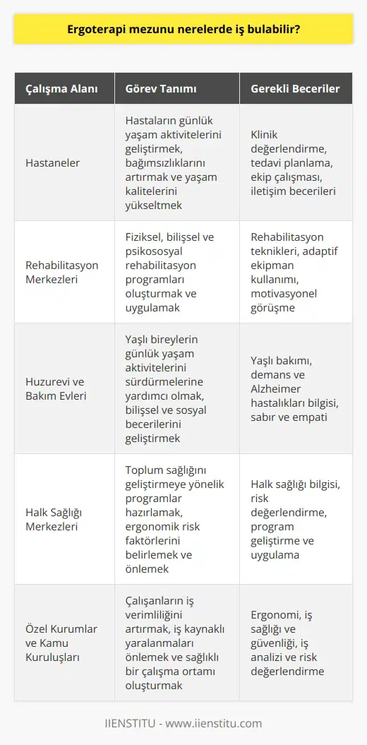 Ergoterapi mezunu kişiler birçok alanda çalışabilirler. Ülkemizde yeni bir meslek olmasına rağmen iş alanı çoktur. Hastanelerde, rehabilitasyon merkezlerinde, huzur evi ve bakım evlerin de, halk sağlığı merkezlerinde, özel kurumlarda, kamu kurum ve kuruluşlarında iş bulabilirler.