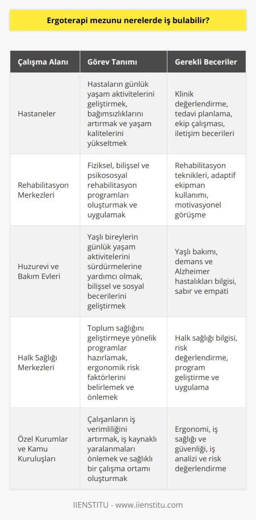 Ergoterapi mezunu kişiler birçok alanda çalışabilirler. Ülkemizde yeni bir meslek olmasına rağmen iş alanı çoktur. Hastanelerde, rehabilitasyon merkezlerinde, huzur evi ve bakım evlerin de, halk sağlığı merkezlerinde, özel kurumlarda, kamu kurum ve kuruluşlarında iş bulabilirler.