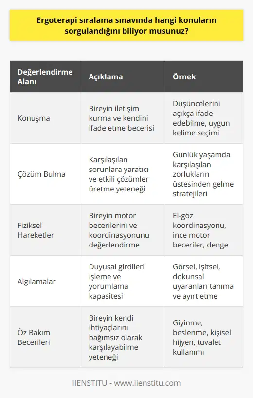 Ergoterapi sıralama sınavları, çalışanın günlük yaşamda nasıl davranacağını değerlendirmek için tasarlanmıştır. Sınavlar genellikle, konuşma, çözüm bulma, etkileşim, fiziksel hareketler, algılamalar, işlevsel yaşam kalitesi, günlük işler, çevresel etkileşimler, öz bakım becerileri, kavramlar ve dikkat gibi konuları kapsamaktadır.