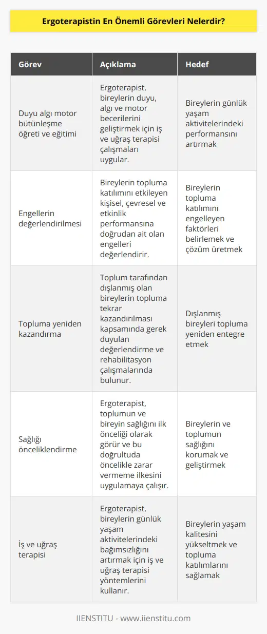 Duyu algı motor bütünleşme öğreti ve eğitimini ve bu konularda iş ve uğraş terapisi çalışmalarını uygular. Bireylerin topluma katılımını etkileyen kişisel çevresel ve etkinlik performansına doğrudan ait olan engelleri değerlendirir. Toplum tarafından dışlanmış olan bireylerin topluma tekrar kazandırılması kapsamında gerek duyulan değerlendirme ve rehabilitasyon çalışmalarında bulunur. Toplumun ve bireyin sağlığını ilk önceliği olarak görür. Bu doğrultuda öncelikle zarar vermeme ilkesini uygulamaya çalışır.