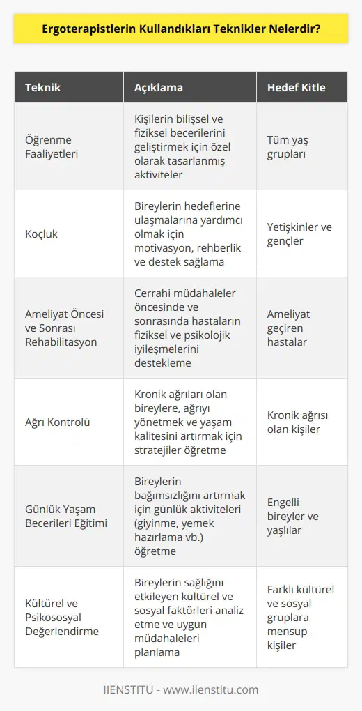 Ergoterapistler, çeşitli teknikler kullanarak, insanların fiziksel, bilişsel ve duygusal ihtiyaçlarını karşılamaya yönelik öneriler ve programlar geliştirir. Bu teknikler arasında, öğrenme faaliyetleri, koçluk, ameliyat öncesi ve sonrası rehabilitasyon, ağrı kontrolü, günlük yaşam becerileri, yaşlılar ve engelliler için özel eğitim ve çok daha fazlası bulunur. Bazı ergoterapistler ayrıca, kültürel ve psikososyal çevrelerinin insanların sağlığına etkisini değerlendirir.