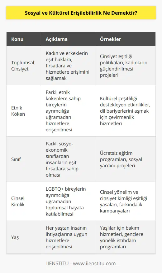 Sosyal ve kültürel erişilebilirlik, toplumsal cinsiyet, etnik köken, sınıf, cinsel kimlik, yaş ve buna benzer konulara dayalı olarak, herkes için eşit olanakların ve hizmetlerin kullanılabilir olmasını ifade eder. Sosyal ve kültürel erişilebilirlik, insanların, toplumsal konumlarından bağımsız olarak, erişilebilir özellikler, kaynaklar ve hizmetlerden yararlanabilmelerini sağlamak için girişimleri gerektirir. Bu çabalar, insanların, toplumsal konumlarından bağımsız olarak, eşit fırsatlara ve hizmetlere erişmesini sağlayacak ekonomik, siyasi ve toplumsal düzenlemeler kapsar.