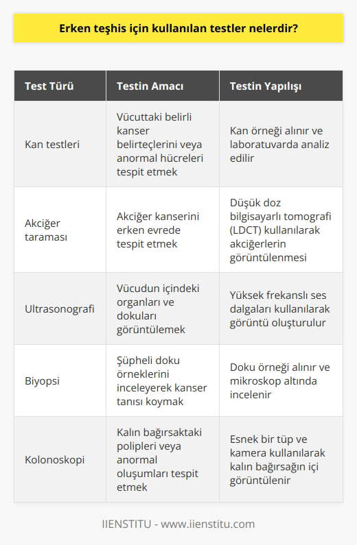 1. Kan testleri 2. Akciğer taraması 3. Ultrasonografi 4. Biopsi 5. MR 6. Doku testleri 7. Pozitif nöbet bildirim testleri 8. Kolonoskopi 9. Mamografi 10. Görüntüleme testleri