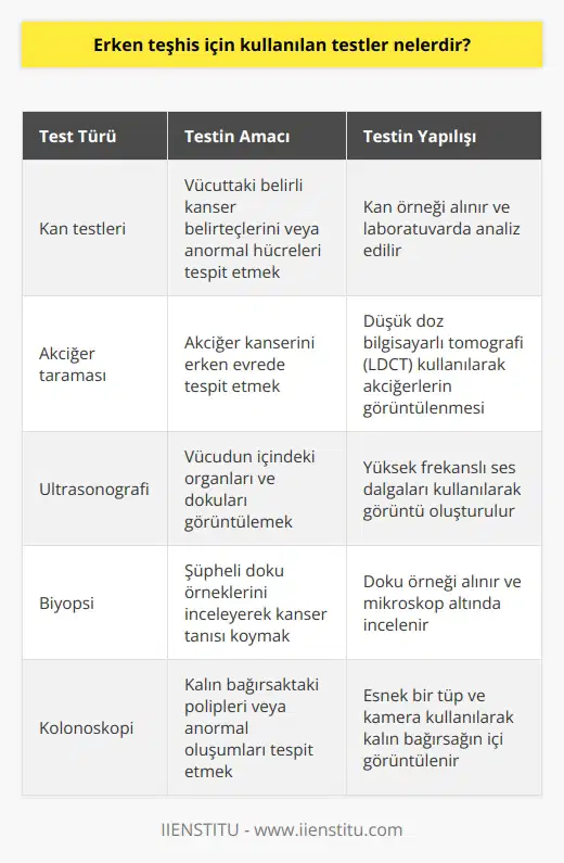1. Kan testleri 2. Akciğer taraması 3. Ultrasonografi 4. Biopsi 5. MR 6. Doku testleri 7. Pozitif nöbet bildirim testleri 8. Kolonoskopi 9. Mamografi 10. Görüntüleme testleri