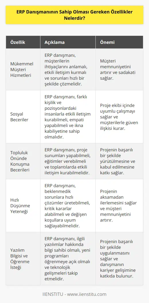 ERP danışmanı, mükemmel müşteri hizmetleri, sosyal beceriler ve topluluk önünde konuşma becerileri göstermeli aynı zamanda   ne sahip olmalıdır. Bu alanda hızlı düşünen bir birey olmak oldukça önemli bir mesleki niteliktir. Yazılım bilgisine sahip olmalı, yeni programlar eklendiğinde,    bilgisi ile öğrenmeye hazır olmalıdır.