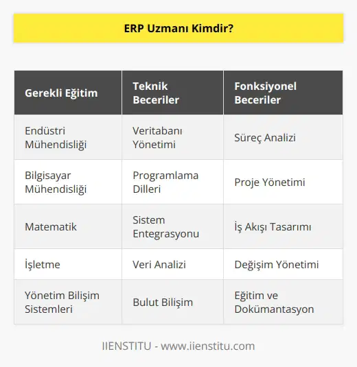 ERP uzmanı ERP sistemleri ile ilgili teknik ve fonksiyonel destek veren kişilerin aldığı mesleki unvandır. ERP uzmanı olmak isteyen kişiler mutlaka lisans eğitimini tamamlamalıdır. Bunlar üniversitelerde dört yıllık eğitim veren   , Bilgisayar Mühendisliği, Matematik,    ve ilgili bölümler olarak sıralanabilir.