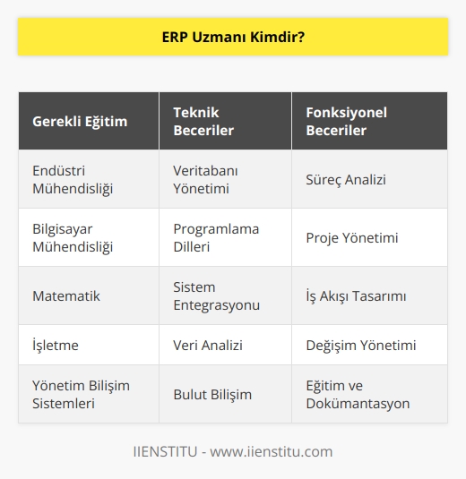 ERP uzmanı ERP sistemleri ile ilgili teknik ve fonksiyonel destek veren kişilerin aldığı mesleki unvandır. ERP uzmanı olmak isteyen kişiler mutlaka lisans eğitimini tamamlamalıdır. Bunlar üniversitelerde dört yıllık eğitim veren , Bilgisayar Mühendisliği, Matematik, ve ilgili bölümler olarak sıralanabilir.