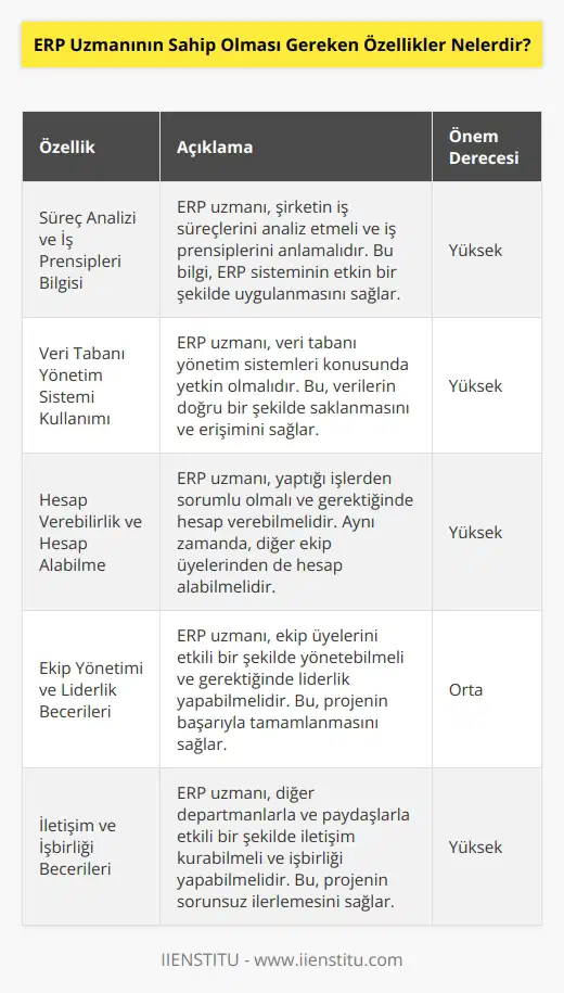 ERP uzmanı sem analizi ve    prensiplerine hakim olması gereken kişidir. Veri tabanı yönetim sistemleri kullanımında yetkinlik göstermeleri gerekir aynı zamanda hesap verebilirlik ve    alabilme özelliklerine sahip olmaları oldukça önemlidir. Ekip yönetimini sağlayabilmesi gerekir gerekli durumlarda da liderlik becerisi göstermelidir.