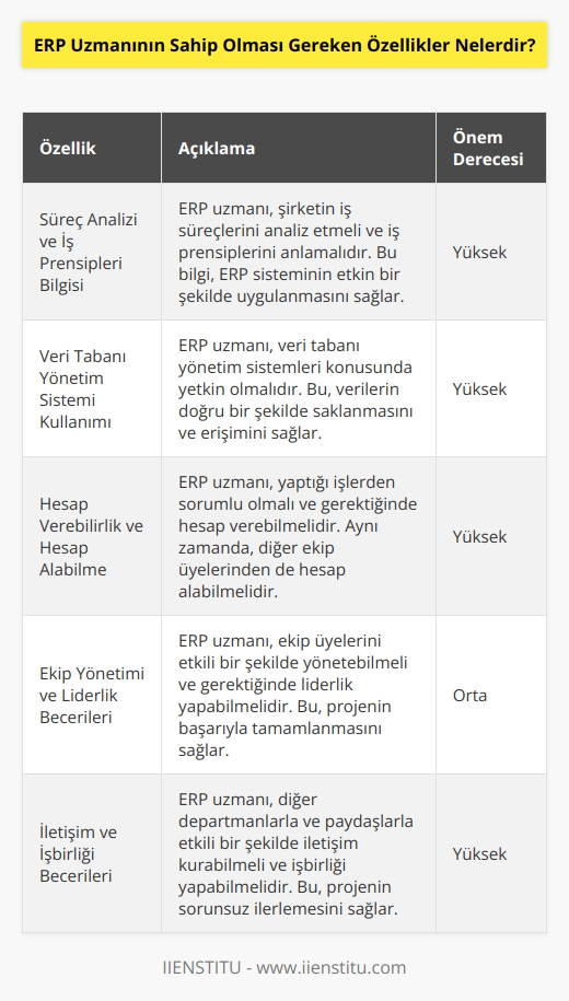 ERP uzmanı sem analizi ve prensiplerine hakim olması gereken kişidir. Veri tabanı yönetim sistemleri kullanımında yetkinlik göstermeleri gerekir aynı zamanda hesap verebilirlik ve alabilme özelliklerine sahip olmaları oldukça önemlidir. Ekip yönetimini sağlayabilmesi gerekir gerekli durumlarda da liderlik becerisi göstermelidir.