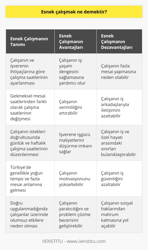 Esnek çalışma, çalışan ile işverenin ihtiyaçları ve istekleriyle iş saatlerinin esnetildiği bir çalışma yöntemidir. Bilinen ve alışılmış olan mesai saatleri dışında çalışanın da isteği doğrultusunda mesai saatlerinin gün ve hafta olarak değişikliğe uğramasıdır. Ülkemizde tam olarak doğru uygulanmadığından fazla mesai ve yoğun tempo anlamına gelen bir çalışma kullanımı yaygın olmaktadır.