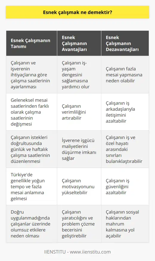Esnek çalışma, çalışan ile işverenin ihtiyaçları ve istekleriyle iş saatlerinin esnetildiği bir çalışma yöntemidir. Bilinen ve alışılmış olan mesai saatleri dışında çalışanın da isteği doğrultusunda mesai saatlerinin gün ve hafta olarak değişikliğe uğramasıdır. Ülkemizde tam olarak doğru uygulanmadığından fazla mesai ve yoğun tempo anlamına gelen bir çalışma kullanımı yaygın olmaktadır.