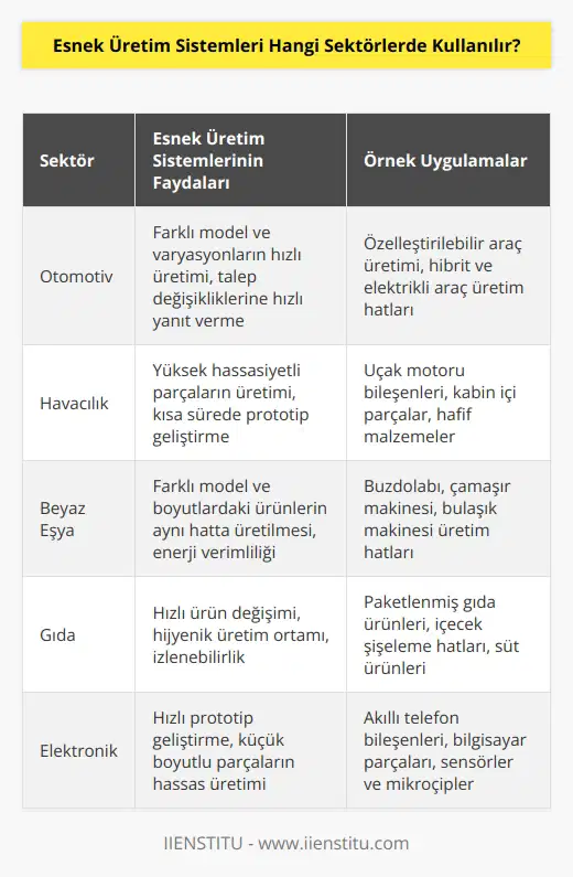 Esnek üretim sistemleri, farklı ürünlerin veya ürün versiyonlarının hızlı bir şekilde üretilmesini sağlamak için tasarlandı. Bu sistemler, özellikle otomotiv, havacılık, beyaz eşya, gıda, elektronik ve mühendislik alanlarında kullanılmaktadır.