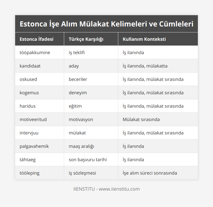 tööpakkumine, iş teklifi, İş ilanında, kandidaat, aday, İş ilanında, mülakatta, oskused, beceriler, İş ilanında, mülakat sırasında, kogemus, deneyim, İş ilanında, mülakat sırasında, haridus, eğitim, İş ilanında, mülakat sırasında, motiveeritud, motivasyon, Mülakat sırasında, intervjuu, mülakat, İş ilanında, mülakat sırasında, palgavahemik, maaş aralığı, İş ilanında, tähtaeg, son başvuru tarihi, İş ilanında, tööleping, iş sözleşmesi, İşe alım süreci sonrasında