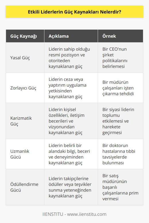 Yasal ve zorlayıcı güç kaynakları bulunur. Bunun yanında Karizmatik ve uzmanlık güç kaynakları da yer alır. Son olarak ödüllendirme gücü bulunur.