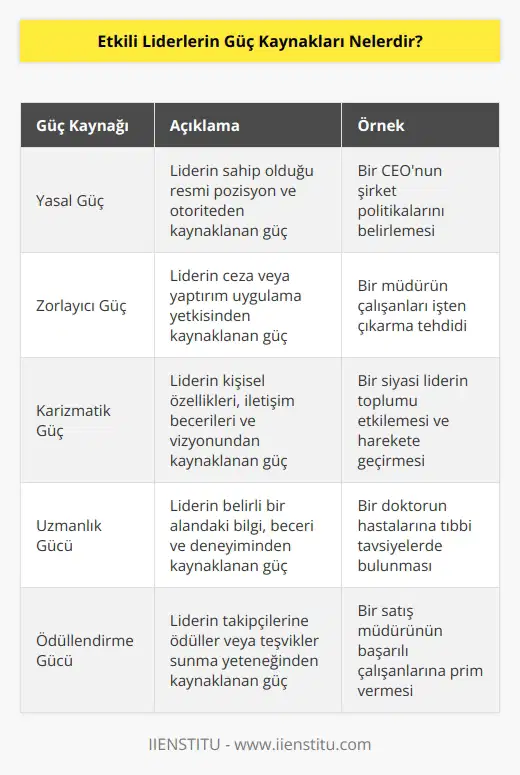 Yasal ve zorlayıcı güç kaynakları bulunur. Bunun yanında Karizmatik ve uzmanlık güç kaynakları da yer alır. Son olarak ödüllendirme gücü bulunur.