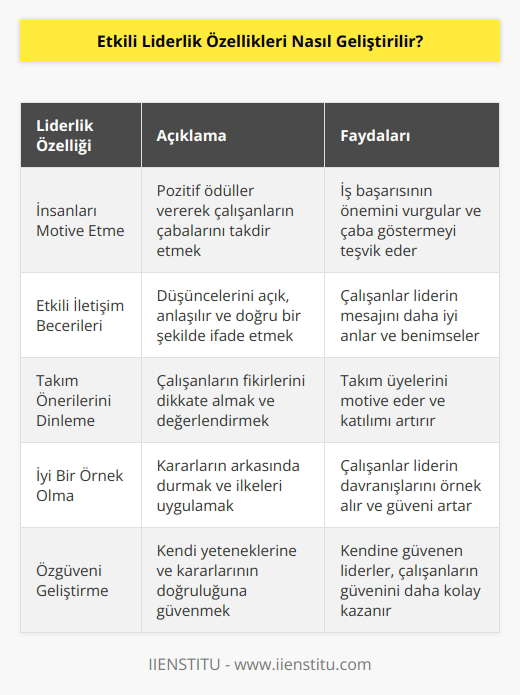 1. İnsanlarınızı motive etmek. Liderler, insanlarını motive etmek için pozitif ödüller vermelidir. Ödüller iş başarısının önemli olduğunu gösterir ve çaba göstermeyi teşvik eder. 2. İletişim becerilerini geliştirmek. Etkili liderler, için ne düşündüklerini açıkça ifade edebilmelidir. İnsanlarının anlayabileceği şekilde, anlaşılır ve doğru bir şekilde konuşmaları gerekir. 3. İş takımının önerilerini dinlemek. Liderler, çalışanlarının önerilerini dikkatlice dinlemelidir ve kendi görüşlerini değerlendirmelidir. İş takımının önerilerinin karşılığını vermek, üyelerini motive eder. 4. İyi bir örnek oluşturmak. Etkili liderler, takımlarına iyi bir örnek olmalıdır. İyi liderler, kararlarının arkasında durmalı ve ilkelerini uygulamalıdır. 5. Özgüveninizi geliştirmek. Etkili liderler, kendi yeteneklerini ve kararlarının doğruluğunu yüksek seviyede korumalıdır. Kendine güvenen liderler, insanlarının güvenini kazanmaya daha eğilimlidir.