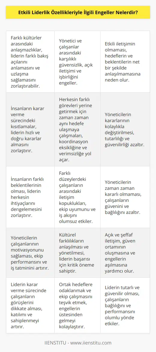 1. Farklı kültürler arasındaki anlaşmazlıklar. 2. Yönetici ve çalışanlar arasındaki karşılıklı güvensizlik. 3. İnsanların karar verme sürecindeki kısıtlamalar. 4. Etkili iletişimin olmaması. 5. Herkesin farklı görevleri yerine getirmek için zaman zaman aynı hedefe ulaşmaya çalışmaları. 6. Yöneticilerin kararlarının kolaylıkla değiştirilmesi. 7. İnsanların farklı beklentilerinin olması. 8. Farklı düzeylerdeki çalışanların arasındaki   . 9. Yöneticilerin zaman zaman kararlı olmaması. 10. Yöneticilerin çalışanlarının motivasyonunu sağlaması.