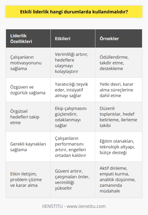 , çalışanların verimliliğini artırmak veya kurumun hedeflerine ulaşmak için her durumda kullanılmalıdır. Bir liderin başarılı olabilmesi için, çalışanlarının güçlü motivasyonu, özgüveni ve özgürlükleri sağlaması, örgütsel hedefleri takip etmesi ve bunların gerçekleştirilmesi için gerekli kaynakları sağlaması gerekir. Ayrıca, liderlerin   yı, problem çözmeyi ve karar almayı da etkin bir şekilde kullanması gerekmektedir.