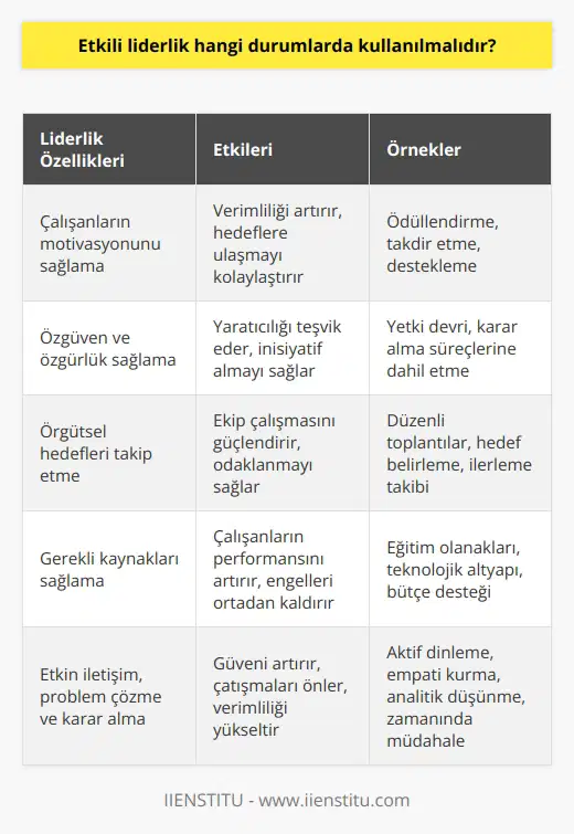 , çalışanların verimliliğini artırmak veya kurumun hedeflerine ulaşmak için her durumda kullanılmalıdır. Bir liderin başarılı olabilmesi için, çalışanlarının güçlü motivasyonu, özgüveni ve özgürlükleri sağlaması, örgütsel hedefleri takip etmesi ve bunların gerçekleştirilmesi için gerekli kaynakları sağlaması gerekir. Ayrıca, liderlerin yı, problem çözmeyi ve karar almayı da etkin bir şekilde kullanması gerekmektedir.