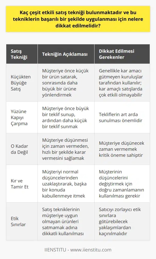 Etkili satış tekniklerinin sayısı belirli bir rakamla sınırlı olmasa da, en yaygın olarak kullanılan tekniklerin başında küçükten büyüğe satış, yüzüne kapıyı çarpma, o kadar da değil ve kır ve tamir et teknikleri gelir. Ancak, bu tekniklerin başarılı bir şekilde uygulanabilmesi için dikkat edilmesi gereken bazı önemli noktalar bulunmaktadır. Hepsi birer psikolojik teknik olan bu satış yöntemleri, potansiyel müşterinin direncini kırmak amacıyla kullanılır. Ancak bu şekilde bir yaklaşım, satıcıyı zorlayıcı etik sınırlara kadar götürebilir. Dolayısıyla, bir müşteriye uygunsuz bir ürünü satmamak adına bu etkili satış tekniklerinin dikkatli kullanılması gerekmektedir. Özellikle küçükten büyüğe satış tekniği, ilk önce müşterinin küçük bir ürün almasını sağlayıp sonrasında daha büyük bir ürünü satmaya çalışır. Ancak bu teknik daha çok kar amacı gütmeyen hayır kuruluşları tarafından kullanılır ve kar amaçlı yapılan satışlarda çok işe yaradığı söylenemez. Bunun yanı sıra yüzüne kapıyı çarpma tekniği, en önce müşteriye büyük bir teklif sunmayı ve ardından daha küçük bir teklif sunmayı içerir. Bunun işe yaraması için tekliflerin ardı ardına yapılmaları önemlidir. Diğer yandan o kadar da değil tekniği uygulanırken dikkat edilmesi gereken en önemli husus, müşteriye düşünecek zaman vermemektir. Kır ve tamir et tekniğinde ise, müşterinin normal düşüncelerinden çıkarılması ve sonrasında başka bir konudaki kabullenmeye itilmesi gerekir. Sonuç olarak, etkili satış tekniklerinin başarılı bir şekilde uygulanabilmesi için haber verilmiş olan bu önemli hususlara dikkat edilmesi gerekmektedir.