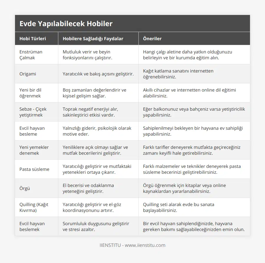 Enstrüman Çalmak, Mutluluk verir ve beyin fonksiyonlarını çalıştırır, Hangi çalgı aletine daha yatkın olduğunuzu belirleyin ve bir kurumda eğitim alın, Origami, Yaratıcılık ve bakış açısını geliştirir, Kağıt katlama sanatını internetten öğrenebilirsiniz, Yeni bir dil öğrenmek, Boş zamanları değerlendirir ve kişisel gelişim sağlar, Akıllı cihazlar ve internetten online dil eğitimi alabilirsiniz, Sebze - Çiçek yetiştirmek, Toprak negatif enerjiyi alır, sakinleştirici etkisi vardır, Eğer balkonunuz veya bahçeniz varsa yetiştiricilik yapabilirsiniz, Evcil hayvan besleme, Yalnızlığı giderir, psikolojik olarak motive eder, Sahiplenilmeyi bekleyen bir hayvana ev sahipliği yapabilirsiniz, Yeni yemekler denemek, Yeniliklere açık olmayı sağlar ve mutfak becerilerini geliştirir, Farklı tarifler deneyerek mutfakta geçireceğiniz zamanı keyifli hale getirebilirsiniz, Pasta süsleme, Yaratıcılığı geliştirir ve mutfaktaki yetenekleri ortaya çıkarır, Farklı malzemeler ve teknikler deneyerek pasta süsleme becerinizi geliştirebilirsiniz, Örgü, El becerisi ve odaklanma yeteneğini geliştirir, Örgü öğrenmek için kitaplar veya online kaynaklardan yararlanabilirsiniz, Quilling (Kağıt Kıvırma), Yaratıcılığı geliştirir ve el-göz koordinasyonunu artırır, Quilling seti alarak evde bu sanata başlayabilirsiniz, Evcil hayvan beslemek, Sorumluluk duygusunu geliştirir ve stresi azaltır, Bir evcil hayvan sahiplendiğinizde, hayvana gereken bakımı sağlayabileceğinizden emin olun