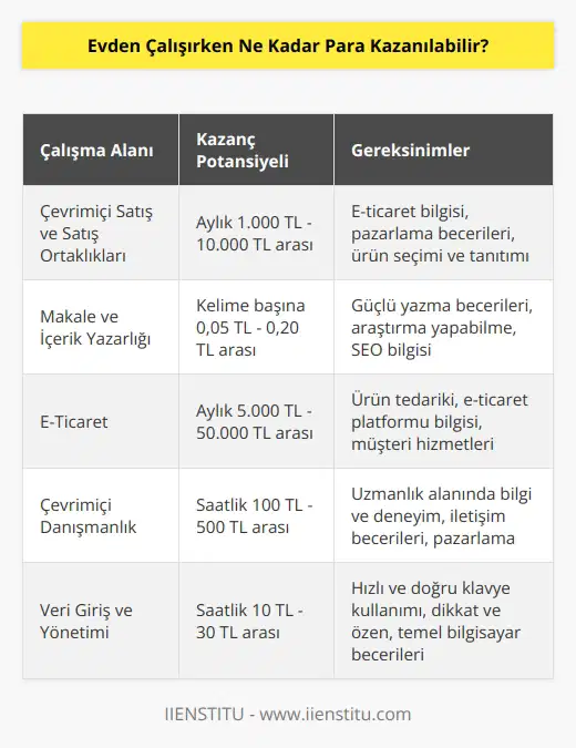 Evden çalışırken kazanılacak para miktarı çalışılan alana ve alınan ücret miktarına bağlıdır. İnsanlar evden her türlü işi yaparak para kazanabilir. Bazı işler sadece geçici çalışma olarak kabul edilirken, bazıları ise tam zamanlı olarak yapılabilir. Ayrıca, evden    arasında, çevrimiçi satış ve satış ortaklıkları, makale ve   , e-ticaret ve çevrimiçi konsültasyon da bulunmaktadır.