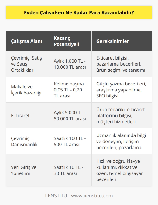 Evden çalışırken kazanılacak para miktarı çalışılan alana ve alınan ücret miktarına bağlıdır. İnsanlar evden her türlü işi yaparak para kazanabilir. Bazı işler sadece geçici çalışma olarak kabul edilirken, bazıları ise tam zamanlı olarak yapılabilir. Ayrıca, evden arasında, çevrimiçi satış ve satış ortaklıkları, makale ve , e-ticaret ve çevrimiçi konsültasyon da bulunmaktadır.