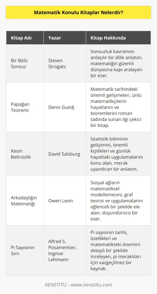 Matematiğin keyifli dünyasında bir yolculuk yapmamızı sağlayacak kitaplara Bir Bölü Sonsuz, Papağan Teoremi, Kesin Belirsizlik, Arkadaşlığın Matematiği örnek verilebilir.