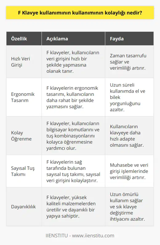 F Klavye kullanımının en büyük avantajı, girdi işlemlerini hızlı ve kolay bir şekilde yapmamıza olanak sağlamasıdır. Bu klavyeler, kullanıcıların ekranın sağındaki bilgileri hızlı bir şekilde görmesine ve işlemleri daha kolay yapabilmesine olanak sağlar. Klavye, kullanıcıların bilgisayar komutlarını ve tuş kombinasyonlarını kolayca öğrenmesine de yardımcı olur.