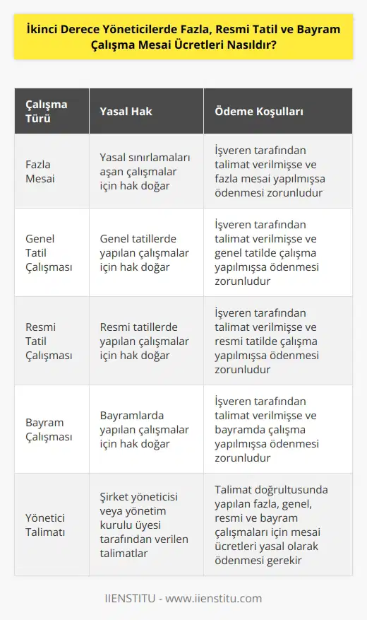 İşyerinde yasal sınırlamaları aşan çalışmalar için fazla, genel, resmi ve bayram çalışma mesai ücreti talep hakkı doğar. Şirketin yöneticisi veya yönetim kurulu üyesi tarafından hızla çalışma yapması yönünde bir talimat verilmekte ise fazla, genel, resmi ve bayram çalışması yapılmışsa mesai ücretleri yasal olarak ödenmesi gerekir.