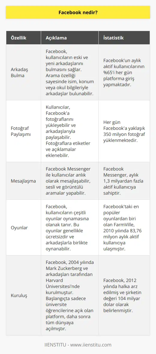 Dünyada en fazla ziyaret edilen sitelerin başında gelen, 2 milyardan fazla kullanıcıya sahip bir sosyal ağdır. Facebook ile arkadaşlarınızı bulabilir, fotoğraflarını yükleyebilir, anlık olarak mesajlaşabilir ve oyunlar oynayabilirsiniz. 2004 yılında Mark Zuckerberg ve arkadaşları tarafından kurulmuştur.