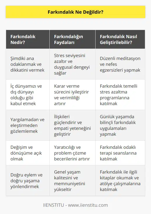 Farkındalık dikkati ilgi ve merkezinizde tutarak sizi şimdiye geri getirir. Değişime ve dönüşüme zahmetsizce zemin hazırlar. Ve tüm bunların ışığında kişiyi doğru eylem ve doğru yaşama yönlendirir.