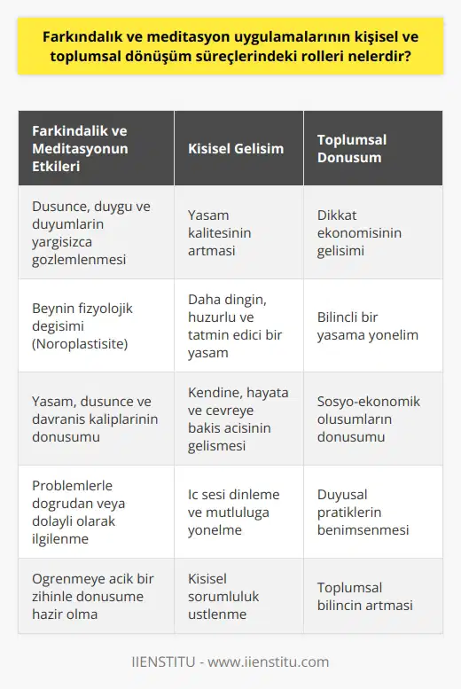 Farkındalığın ve Meditasyonun Önemi  Farkındalık ve meditasyon uygulamalarının, hem kişisel hem de toplumsal düzeyde dönüşüm sağlayıcı etkileri günümüzde giderek daha fazla önem kazanmaktadır. Tarih boyunca farkındalık kavramı ve bilinçli farkındalık uygulamaları, insanların düşünce, duygu ve duyumlarını yargısızca gözlemlemeye yönelik bir kişisel gelişim pratikleri olarak önemini korumuştur.    Nöroplastisite ve Beyin Değişimi  Farkındalık ve meditasyon çalışmalarının özellikle nöroplastisite üzerinden beynin fizyolojik değişimine yardımcı olduğu bilimsel açıdan ispatlanmış bir gerçektir. Bu çalışmaların sonuçlarıyla kişinin yaşam düşünce ve davranış kalıplarının dönüşüm süreci hızlanmakta ve yaşamın niteliği gelişmektedir.  Kişisel Gelişim ve Yaşam Değişikliği  Bu dönüşüm süreçleri, insanın özel ve iş hayatında yaşam biçimine olumlu yönde değişiklikler getirir ve yaşam kalitesini arttırır. Örneğin nefes egzersizleri ve meditasyon çalışmaları, kişinin kendine, hayata ve çevreye bakış açısını geliştirerek, daha dingin, huzurlu ve tatmin edici bir yaşam sürecine katkı sağlar.  Farkındalık Pratiği ve Dikkat Ekonomisi  Yapılan farkındalık uygulamaları sadece kişisel yaşamı etkilemekle kalmaz, toplumsal ölçekte de dikkat ekonomisinin gelişimini sağlar. Zamanla bu uygulamaların yapıldığı mekanlarda ve sektörlerde, insanların daha bilinçli bir yaşama yönelmeleri ve özellikle duyusal pratikleri benimsemeleri aracılığıyla sosyo-ekonomik oluşumlar bir dönüşüm sürecine girer.  Eleştirel Bir Bakış: Sorumluluk ve Mutluluk  Farkındalık uygulamaları sayesinde kişi, yaşamındaki problemlerle doğrudan veya dolaylı olarak ilgilenmekte ve kendini daha mutlu hissedebilmek için iç sesini dinlemeye devam etmektedir. Bu süreçte önemli olan, başkalarının yüklediği yaşam sorumluluklarını değil, sadece kendine dair olanları üstlenmek ve öğrenmeye açık bir zihinle daima dönüşüme hazır olmaktır.
