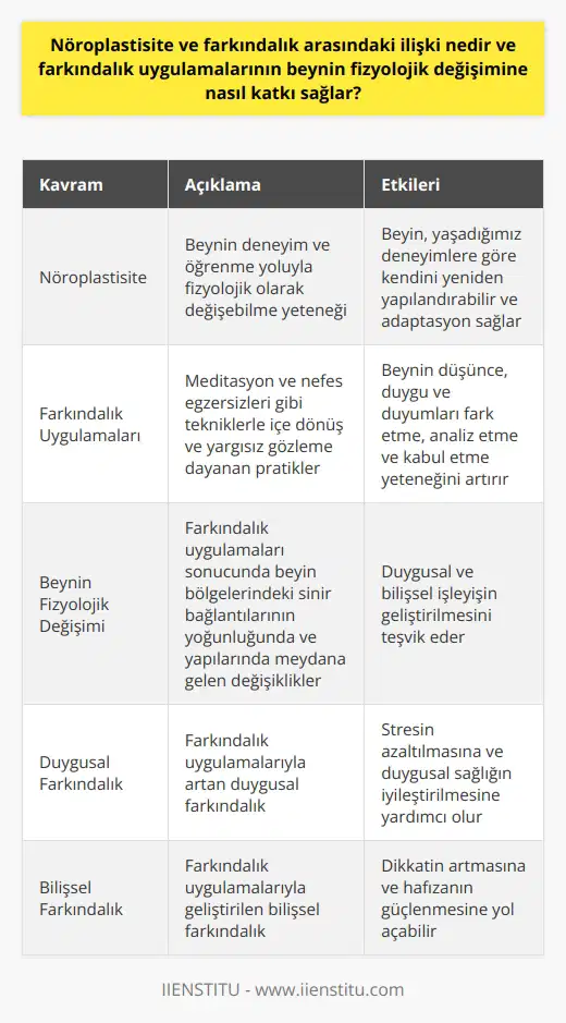 Farkındalık ve Nöroplastisite İlişkisi  Nöroplastisite ve farkındalık arasındaki ilişki, bilim dünyası tarafından hâlâ keşfedilmekte olan bir konudur. Nöroplastisite, beynin deneyim ve öğrenme yoluyla fizyolojik olarak değişebilme yeteneğidir. Yani beyin, yaşadığımız deneyimlere göre kendini yeniden yapılandırabilir ve adaptasyon sağlar. Farkındalık uygulamaları ise tam olarak bu mekanizmayı harekete geçirir.   Farkındalık Uygulamaları ve Beynin Fizyolojik Değişimi  Farkındalık uygulamaları, genellikle meditasyon ve nefes egzersizleri gibi tekniklerle içe dönüş ve yargısız gözleme dayanır. Bu pratikler, beynin düşünce, duygu ve duyumları fark etme, analiz etme ve kabul etme yeteneğini artırır. Uygulandıkça, beynin struktürü ve fonksiyonları değişir. Bu değişiklikler nöroplastisite olarak adlandırılır ve genellikle beyin bölgelerindeki sinir bağlantılarının yoğunluğunda ve yapılarında meydana gelir.   Nöroplastisite: Farkındalığın Etkin Araçlarından  Farkındalık uygulamalarının nöroplastisite üzerindeki etkisi, kişinin duygusal ve bilişsel işleyişini iyileştirme potansiyeli taşır. Duygusal farkındalığın artması, stresin azaltılmasına ve duygusal sağlığın iyileştirilmesine yardımcı olur. Bilişsel farkındalığın geliştirilmesi, dikkatin artmasına ve hafızanın güçlenmesine yol açabilir. Bu süreçler beynin fizyolojik olarak değişimine katkıda bulunarak, duygusal ve bilişsel işleyişin geliştirilmesini teşvik eder.  Sonuç olarak, nöroplastisite ve farkındalık arasındaki iltisak, gelişim ve değişim üzerinde etkili bir etkileşimdir. Farkındalık uygulamaları, beynin yeniden yapılandırılmasına yardımcı olarak kişisel gelişimimize destek sağlar. Bu sürecin bilincinde olarak, olumlu bir yaşam biçimi ve düşünce kalıbı oluşturabiliriz.