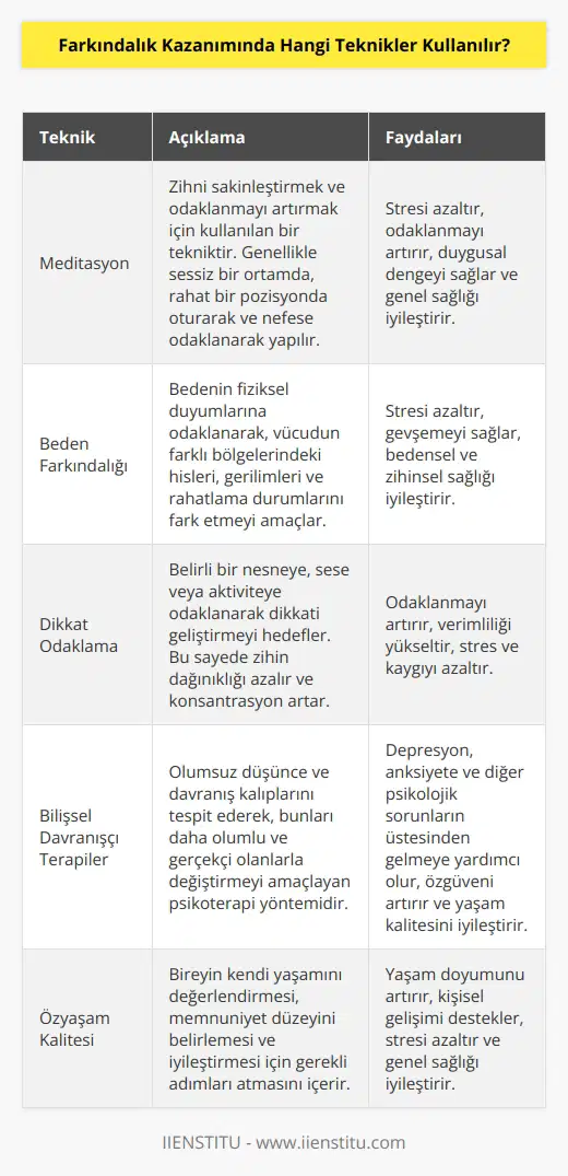 Farkındalık kazanımında kullanılan teknikler arasında meditasyon, beden farkındalığı, beden hareketleri, döngüsel nefes alma, dua ve müzik gibi her türlü duyumsal teknikler, dikkat odaklama, farkındalık gözlemi, günlük farkındalık eğitimi, günlük hayatınızı gözden geçirme, bilişsel davranışçı terapiler, sosyal farkındalık ve gelişim, kendini ifade etme, özyaşam kalitesi, ve çoklu bakış açıları gibi bilişsel teknikler sayılabilir.