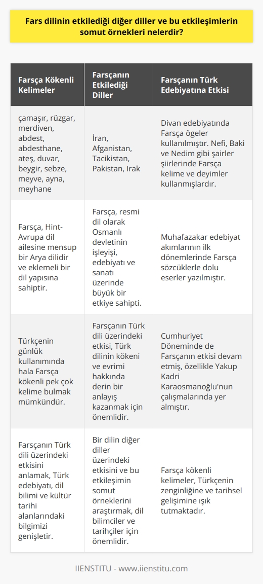 Fars dilinin etkisi ve bu etkileşimlerin örnekleri üzerine derinlemesine bir araştırma yapmak, Türk dilinin kökeni ve geçmişi hakkında anlayışı genişletmek adına önemlidir. Fars dilinin Türk ve Osmanlı dili üzerinde büyük bir etkisi olmuştur. Osmanlının fethinden önce, resmi dil Farsça idi ve devletin işleyişi, edebiyatı ve sanatı üzerinde büyük bir etkisi vardı. Divan edebiyatının dilinde Farsça öğeleri de bulabiliriz. Dönemin önde gelen şairleri olan Nefî, Bakî ve Nedim, şiirlerinde bolca Farsça kelime ve deyim kullanmışlardır. Muhafazakâr edebiyat akımlarının ilk dönemlerinde Farsça sözcüklerle dolu eserler yazıldı ve bu dönemin eserleri, Fars dilinin Osmanlı dil ve edebiyatı üzerindeki etkisini görmek için mükemmel bir referanstır. Bu etki, Cumhuriyet Döneminde de devam etmiş ve özellikle Yakup Kadri Karaosmanoglunun çalışmalarında yer almıştır. Bugün bile, Türkçenin günlük kullanımında Farsça kökenli pek çok kelime bulmak mümkündür. Çamaşır, rüzgar, merdiven, abdest, abdesthane, ateş, duvar, beygir, sebze, meyve, ayna ve meyhane gibi kelimeler Farsça kökenlidir. Farsça dilini konuşan ülkeler arasında İran, Afganistan, Tacikistan, Pakistan ve Irakı sayabiliriz. İran, hint-avrupa dil ailesine mensup bir Arya dilidir ve Hint-Avrupa dil ailesine aittir. Bu dil ailesinde yer alan diller, genel olarak eklemeli bir dil yapısına sahiptir, yani kelime kökleri ve eklerin belirli bir uyum içinde bir araya gelmesiyle yeni kelimeler oluşturulur. Sonuç olarak, Fars dili ve bu dilin Türk dili üzerindeki etkisi, Türk dilinin kökeni ve evrimi üzerine derinlemesine bir anlayış kazanmak adına önemli bir konudur. Türk dilinin bu etkileşimi, Türk edebiyatı, dil bilimi ve kültür tarihi alanlarındaki bilgimizi genişletebilen bir konu olarak kalmaya devam edecektir. Bu nedenle, bir dilin diğer diller üzerindeki etkisini anlamak ve bu etkileşimin somut örneklerini araştırmak, dil bilimciler ve tarihçiler için hayati öneme sahip bir konudur.