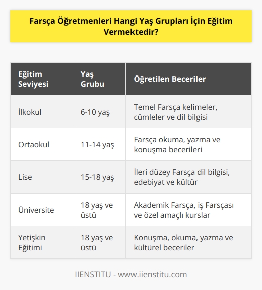 Farsça öğretmenleri genellikle ilkokul, ortaokul ve lise öğrencileri için eğitim vermektedir. Bazı Farsça öğretmenleri, üniversite öğrencileri için de konuşma, okuma ve yazma dersleri vermektedir.